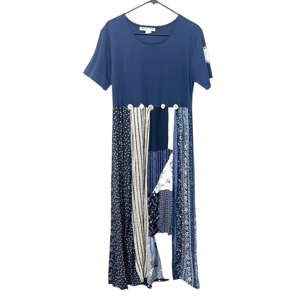 Patchwork Modest Maxi Dress Small Navy USA Boho Artsy Mixed Print buttons